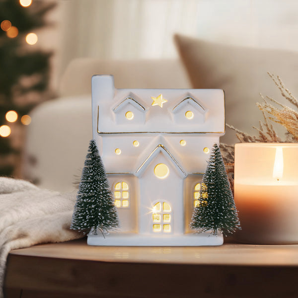 Lit Ceramic House With Trees Old World Christmas