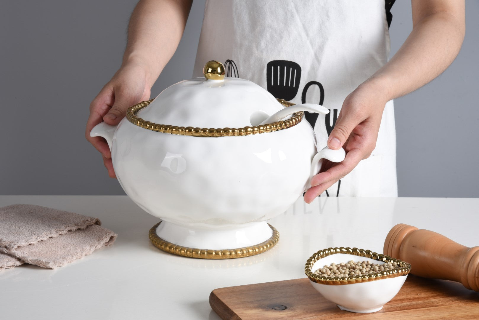 Golden Salerno Soup Tureen & Spoon Pampa Bay