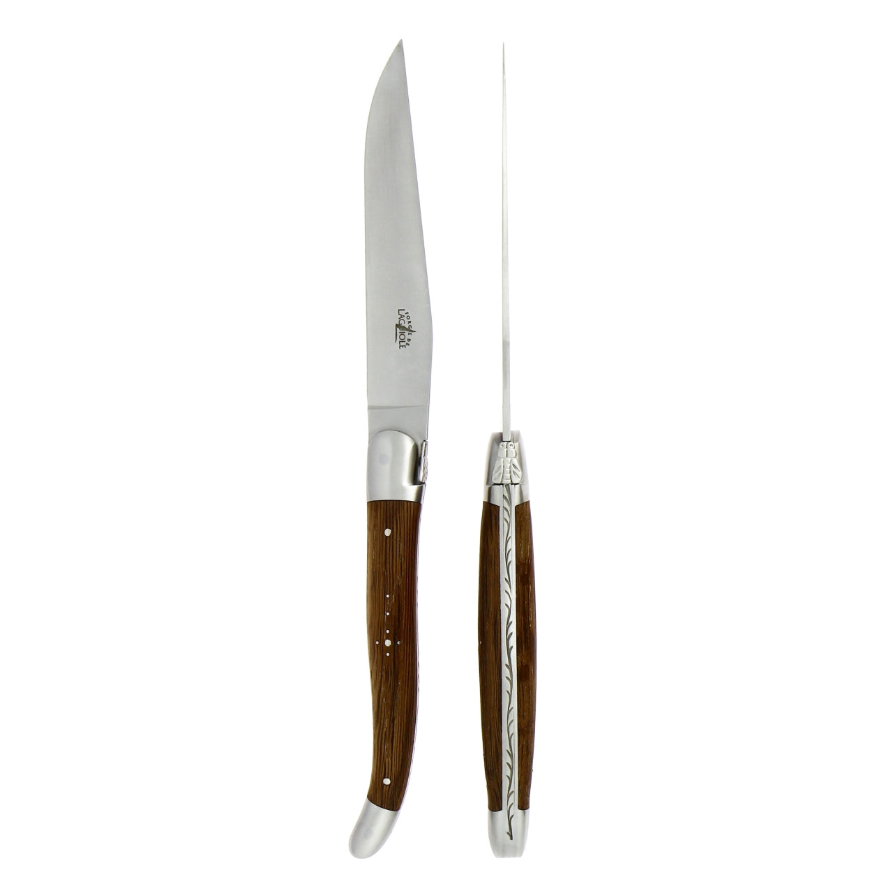 Forge de Laguiole 2 Piece Steak Knife Set Fossilized Oak Heart Satin Finish