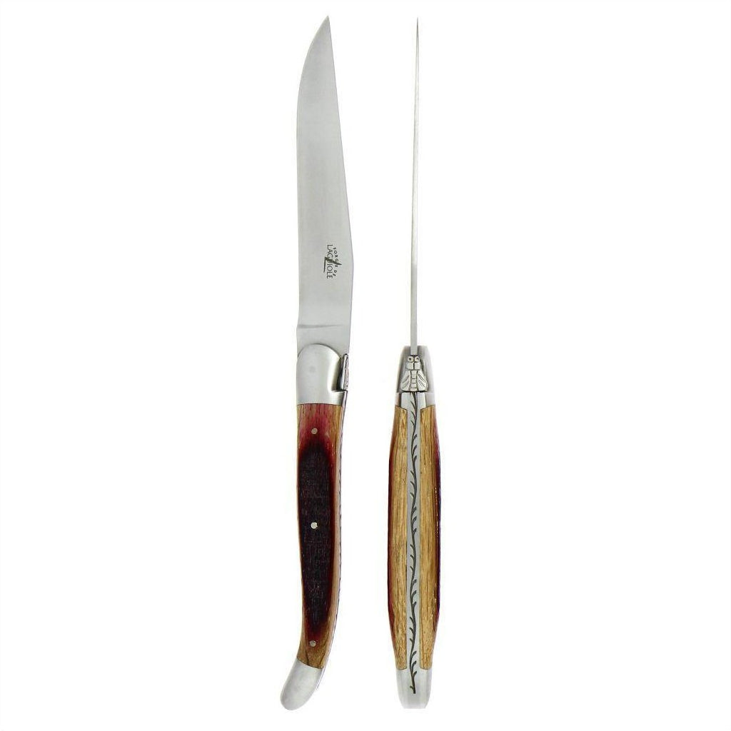 Forge de Laguiole 2 Piece Steak Knife Set Oak Barrel Wood Handle Satin Finish