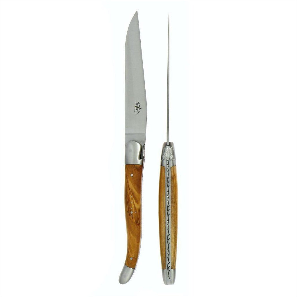 Forge de Laguiole 2 Piece Steak Knife Set Olive Wood Handle Satin Finish