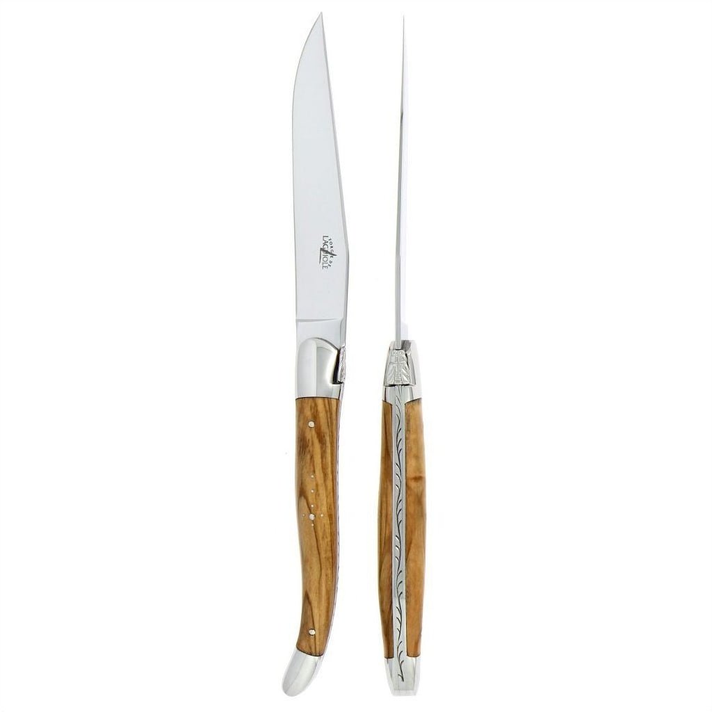 Forge de Laguiole 2 Piece Steak Knife Set Olive Wood Handle Shiny Finish