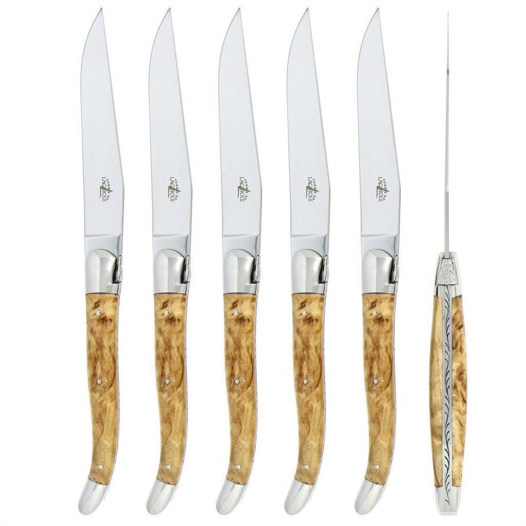 Forge de Laguiole 6 Piece Steak Knife Set Birchwood Handle Shiny Finish
