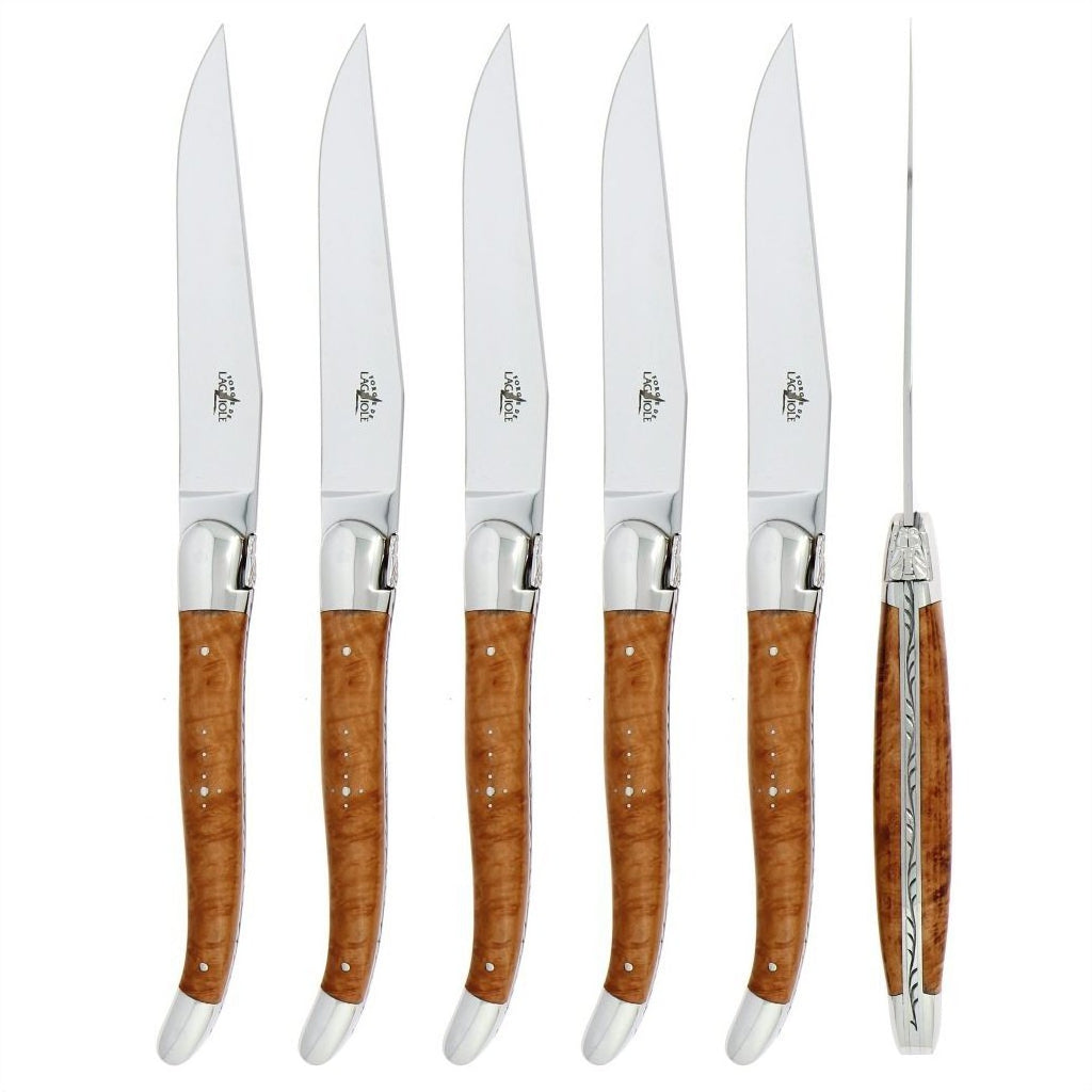 Forge de Laguiole 6 Piece Steak Knife Set Briar Wood Shiny Finish
