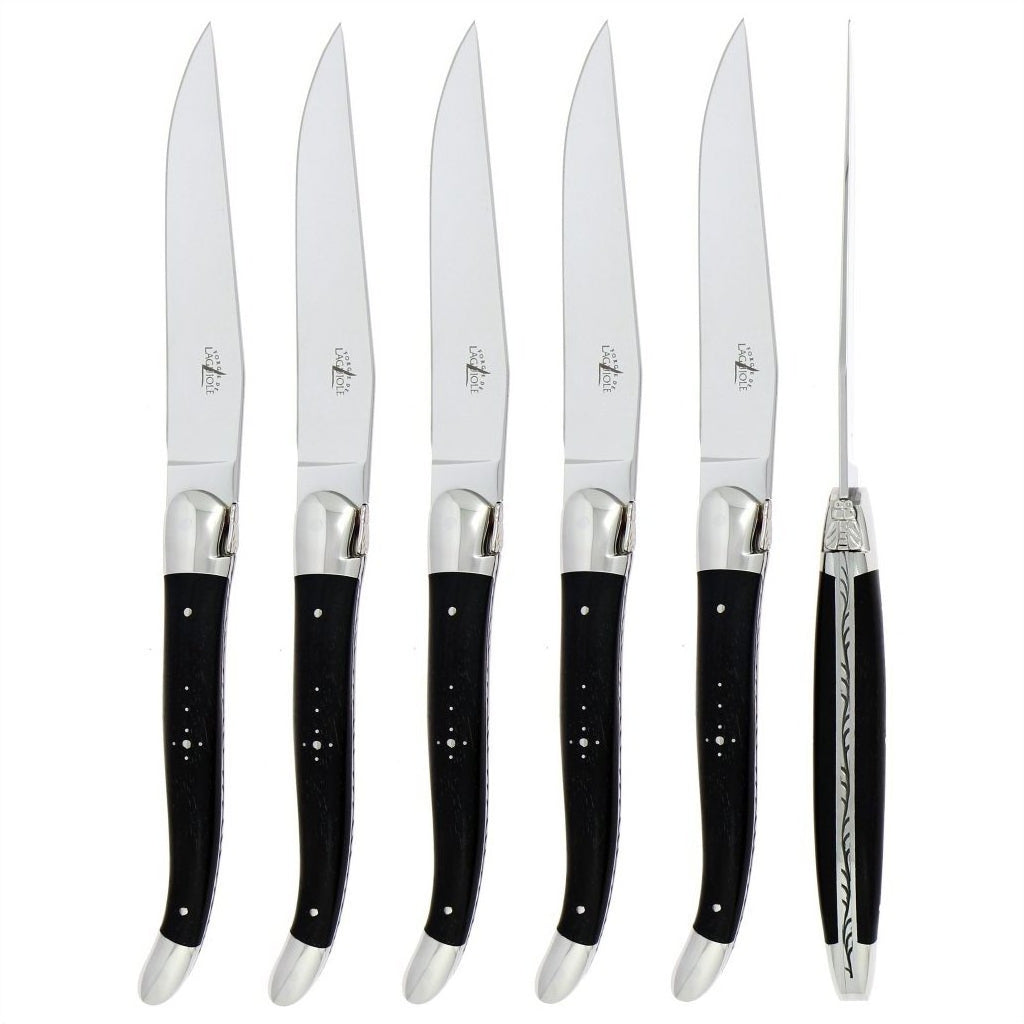 Forge de Laguiole 6 Piece Steak Knife Set Ebony Wood Satin Finish