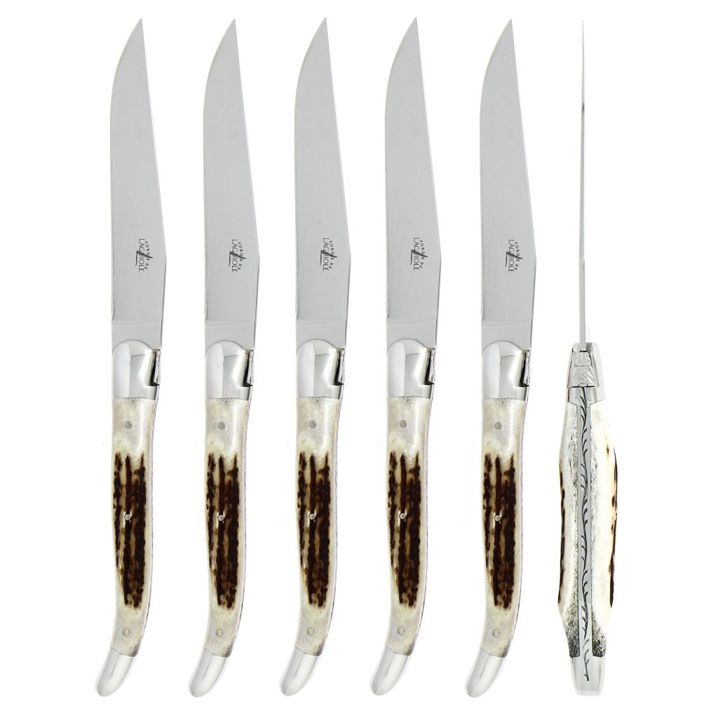 Forge de Laguiole 6 Piece Steak Knife Set Elk Stag Handle