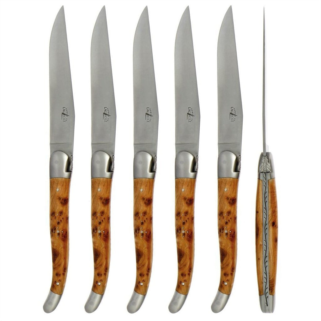 Forge de Laguiole 6 Piece Steak Knife Set Juniper Handle Satin Finish
