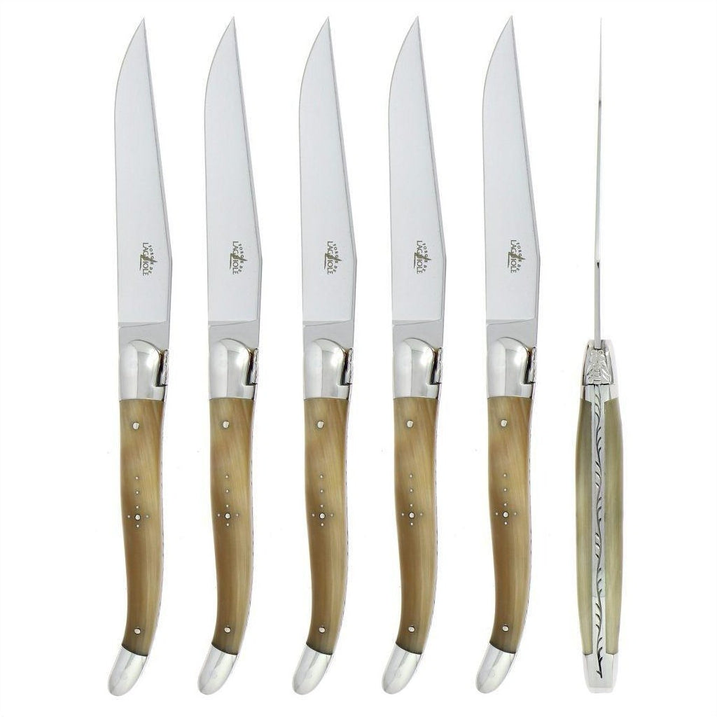 Forge de Laguiole 6 Piece Steak Knife Set Light Horn Tip