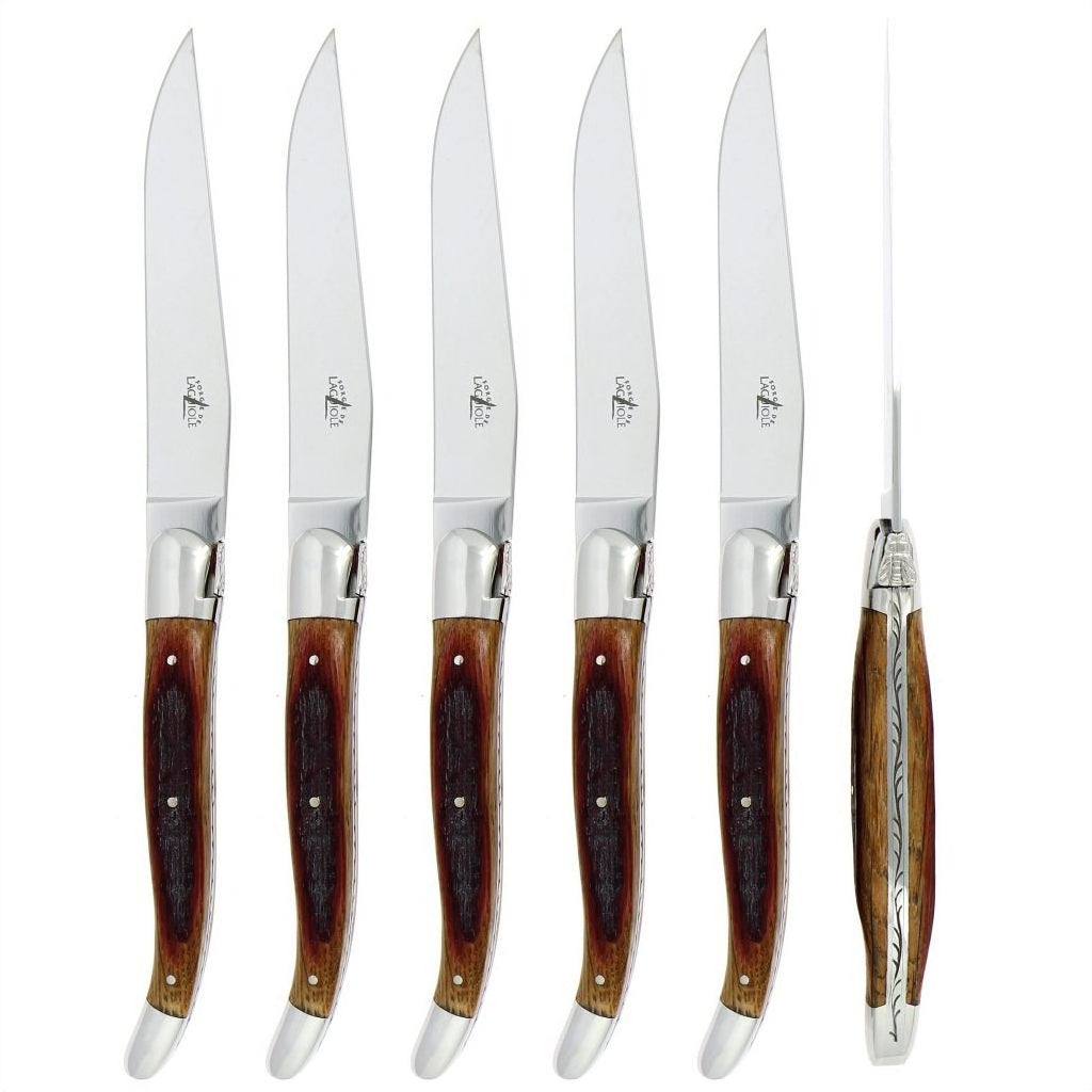 Forge de Laguiole 6 Piece Steak Knife Set Oak Barrel Handle Shiny Finish