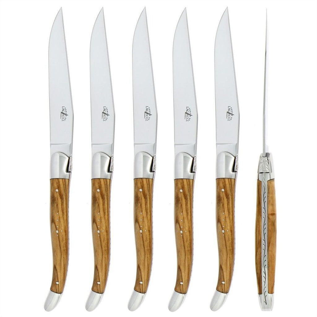 Forge de Laguiole 6 Piece Steak Knife Set Olive Wood Shiny Finish