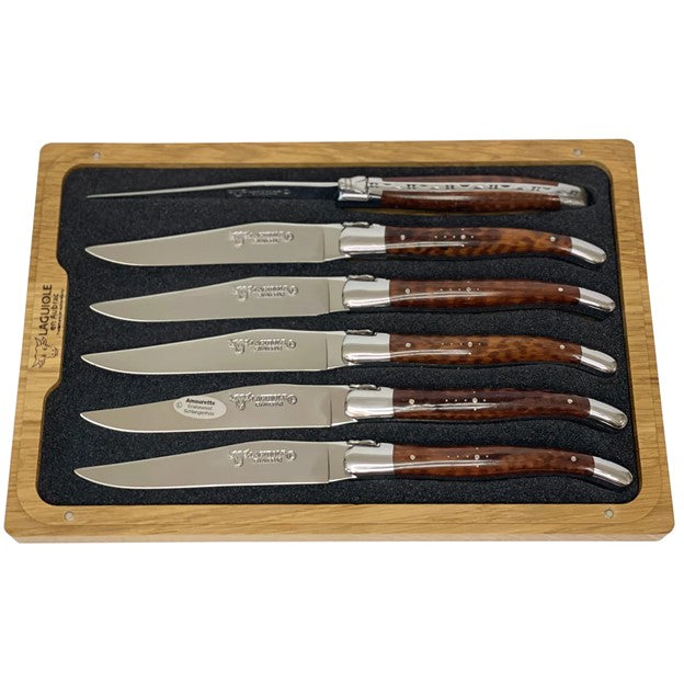 Handcrafted Plated 6-Piece Steak Knife Set, Amourette Snakewood Handles-Laguiole en Aubrac Laguiole en Aubrac