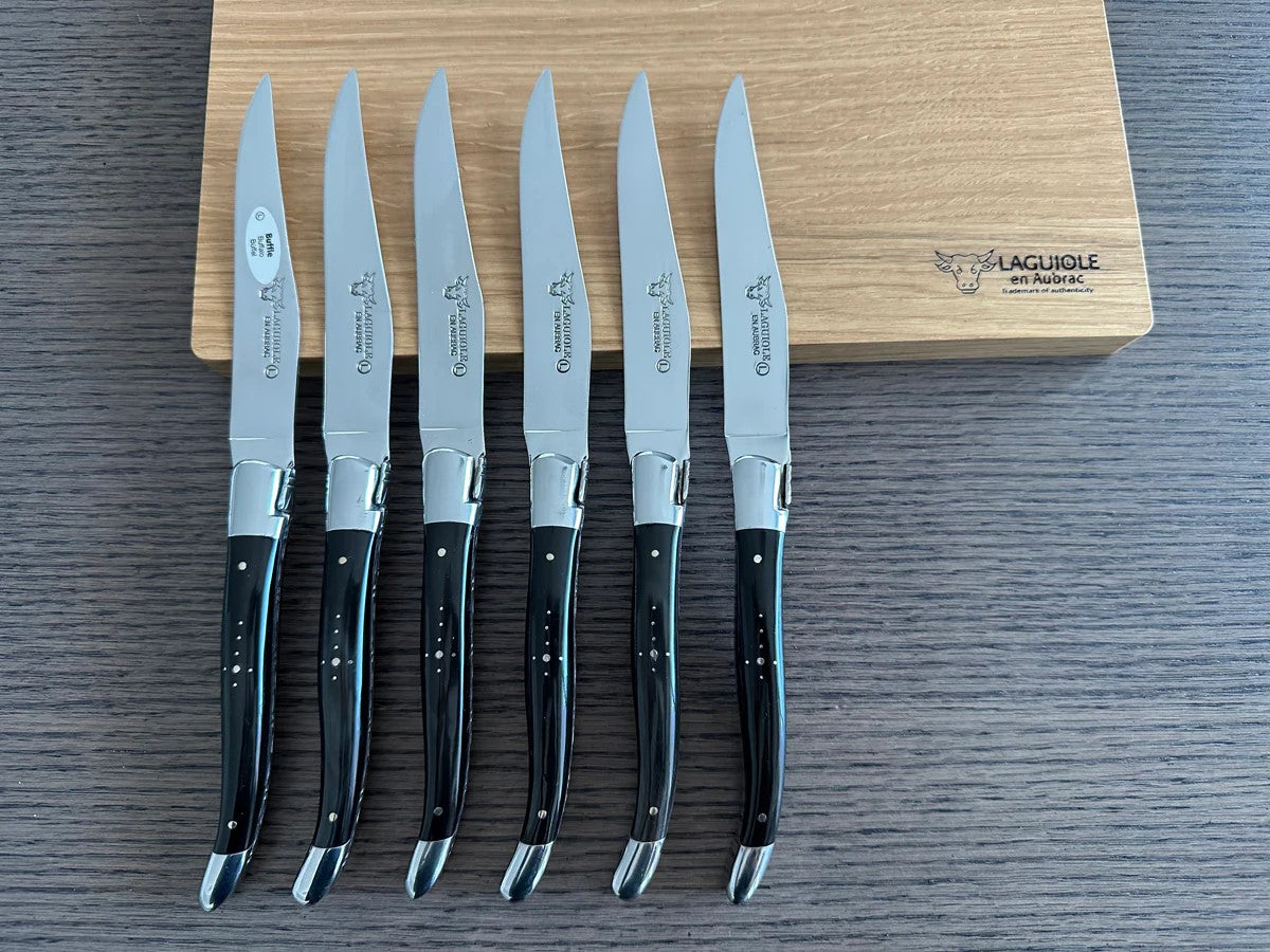 Laguiole en Aubrac Handcrafted Plated 6-Piece Steak Knife Set with Buffalo Horn Handles Laguiole en Aubrac
