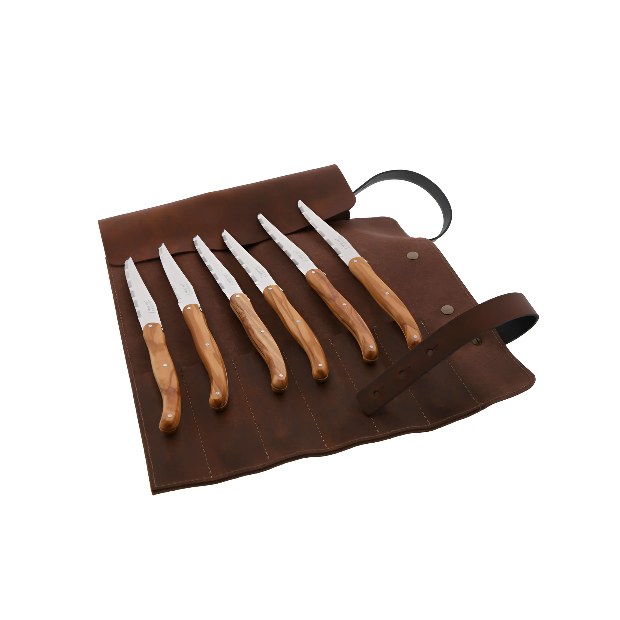 Jean Dubost 6 Olive Wood Kitchen Knives in Leather Pouch