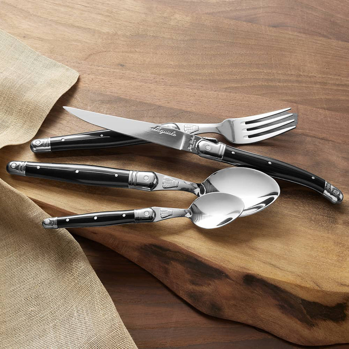 Jean Dubost 24 Pc Everyday Flatware Set with Black Handles in a tray | Authentic The French Farm