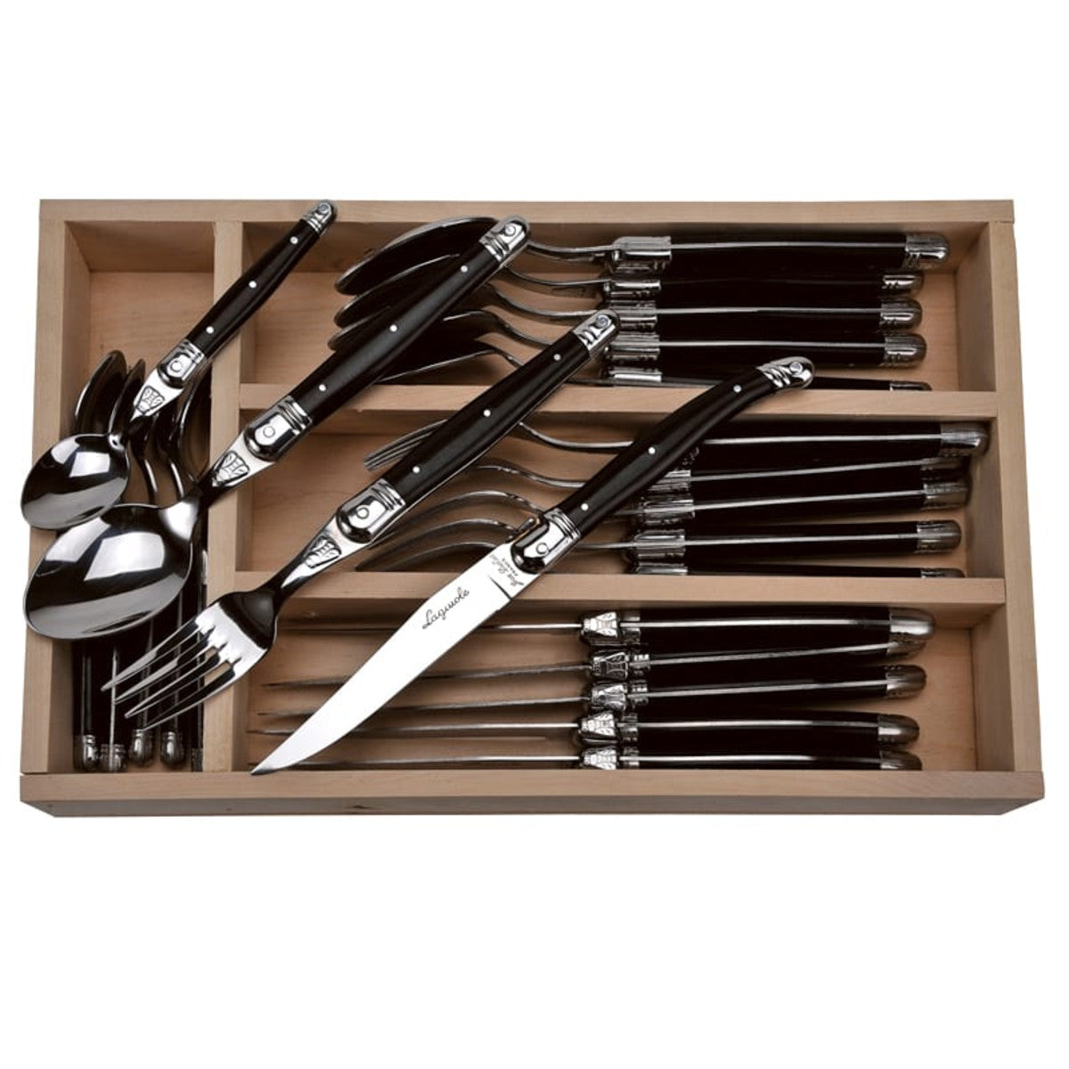 Jean Dubost 24 Pc Everyday Flatware Set with Black Handles in a tray | Authentic The French Farm