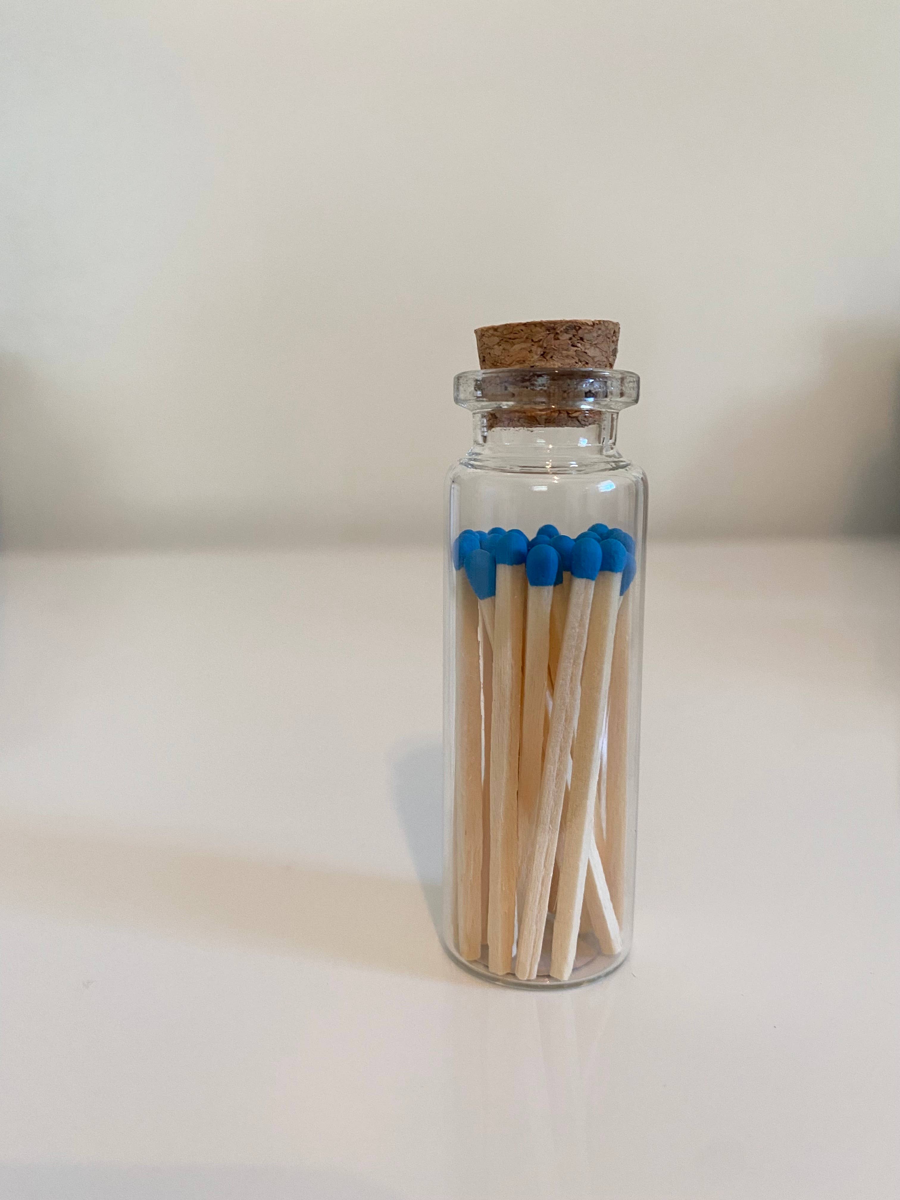 Sky Blue Color Tip Matches Glass Corked Vial 25 CT - Striker Candle Cabana