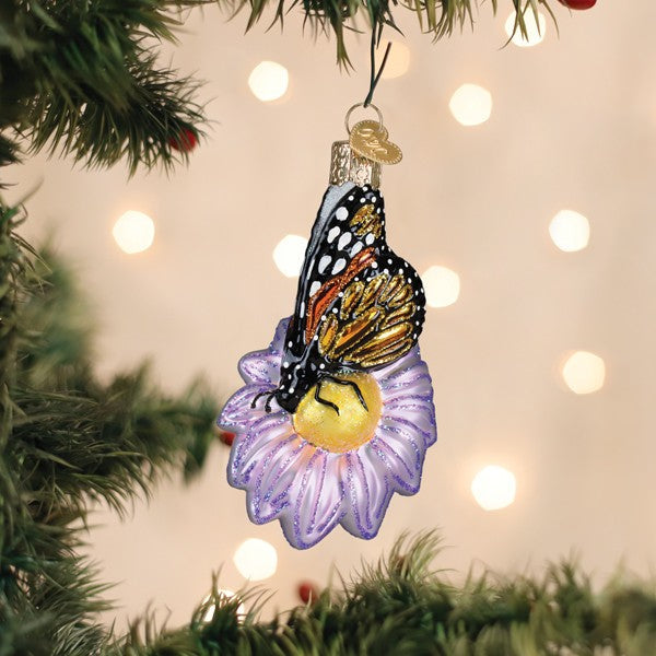 Monarch Butterfly On Flower Ornament Old World Christmas
