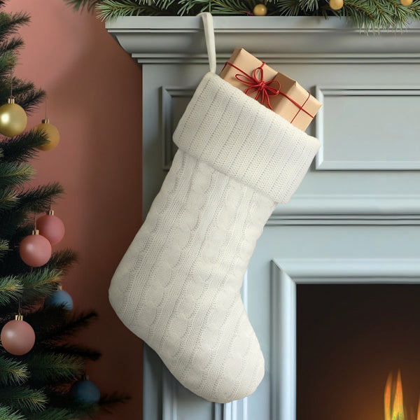 White Plush Cable Knit Stocking Old World Christmas