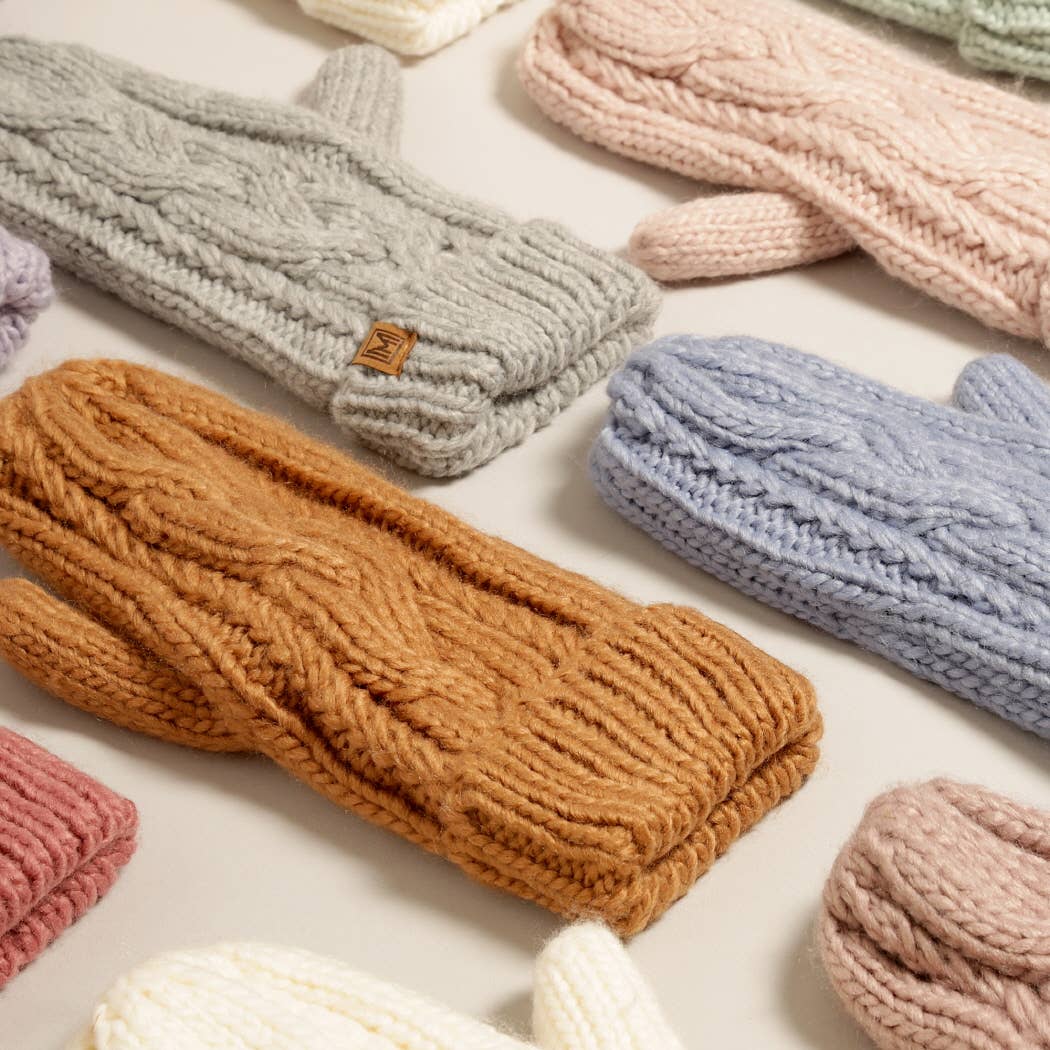 Winter Gloves Cable Knit Mittens with Fleece Lined: One Size / IVORY