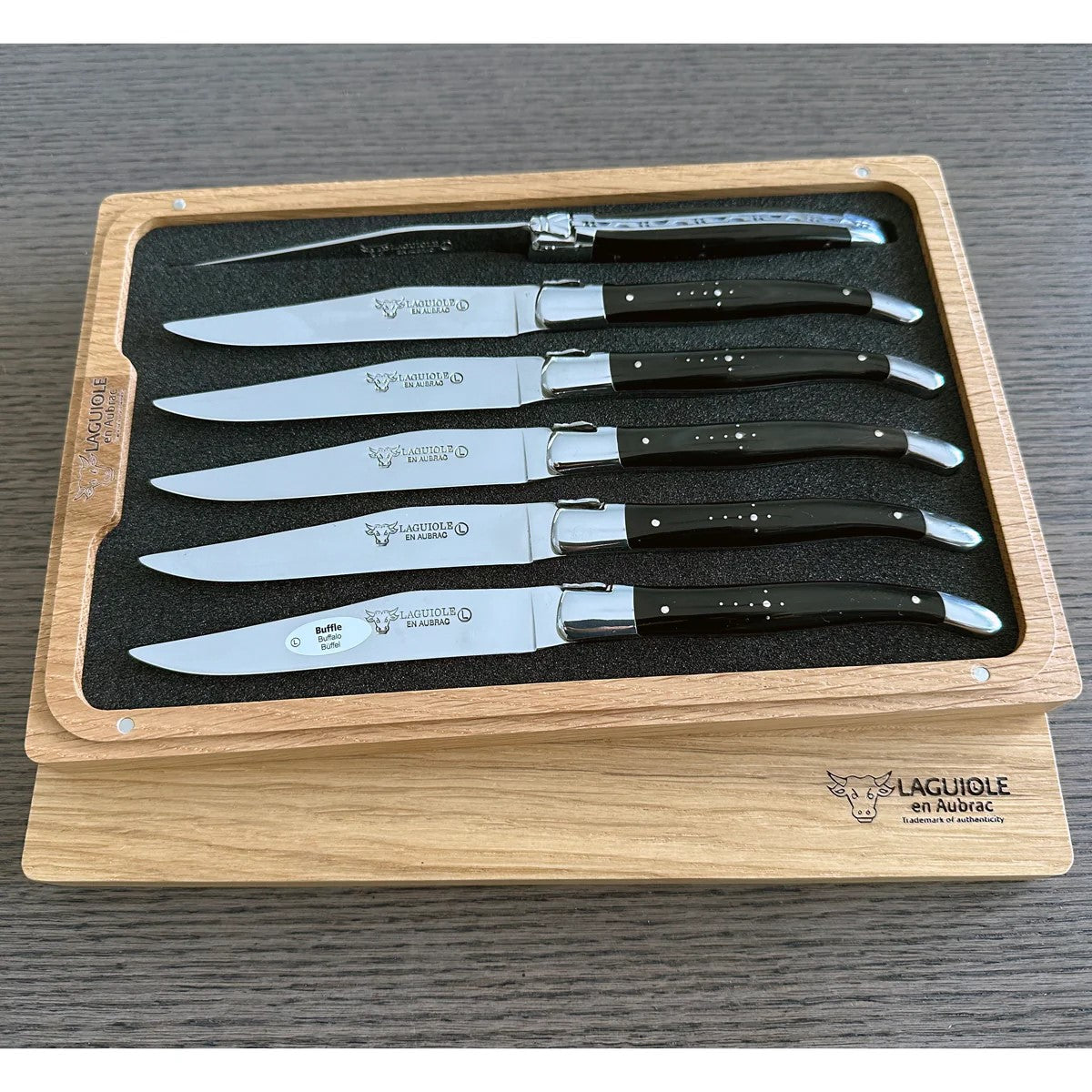 Laguiole en Aubrac Handcrafted Plated 6-Piece Steak Knife Set with Buffalo Horn Handles