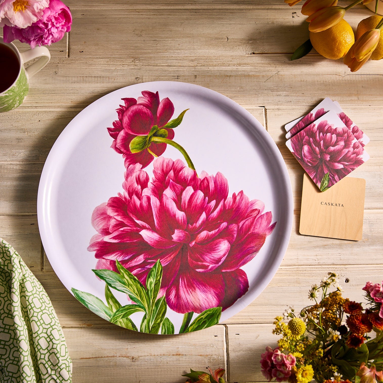 Pink Peony Birchwood Coasters, Set of 4
