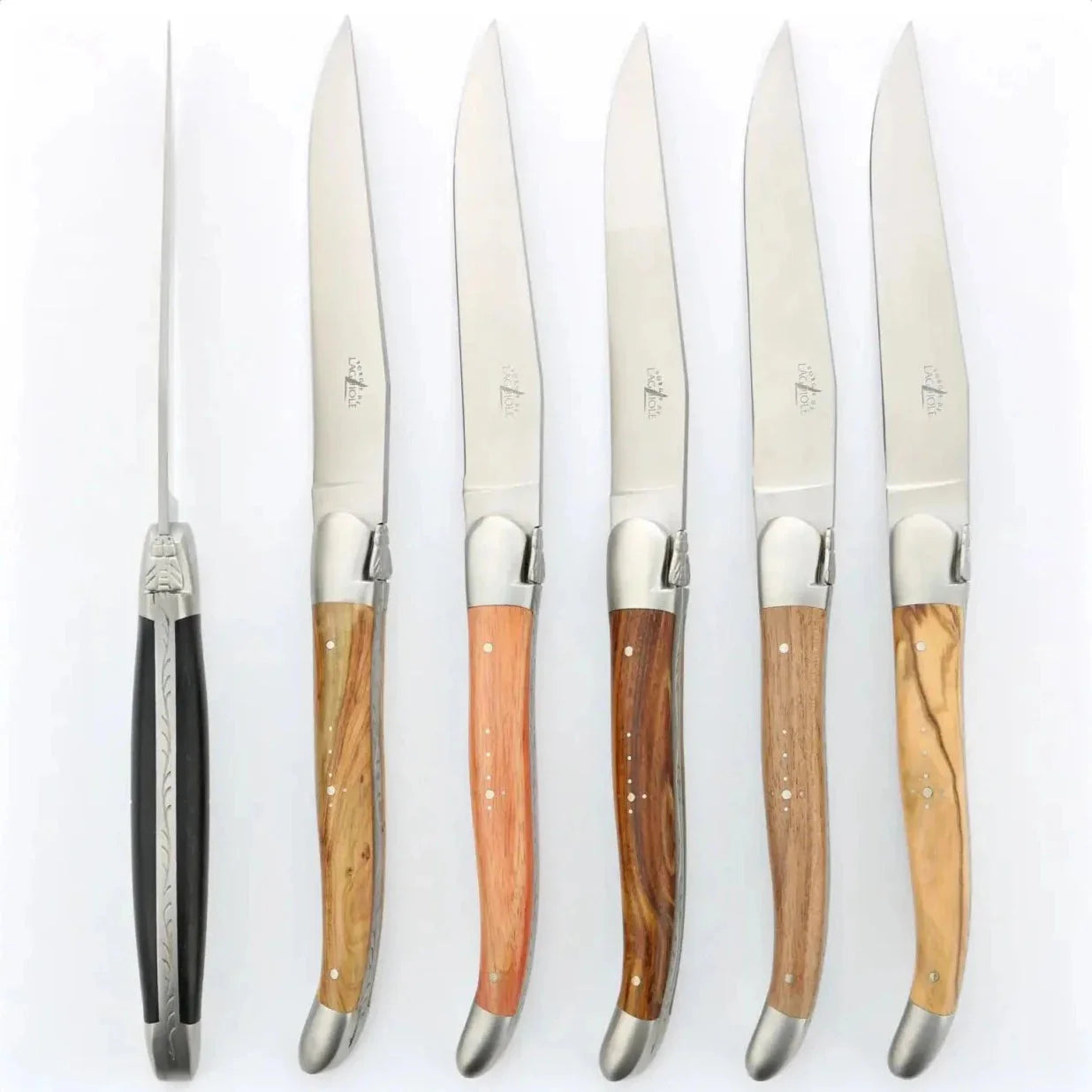 Forge de  Laguiole 6 Piece Steak Knife Set Assorted Wood Handle Satin Finish