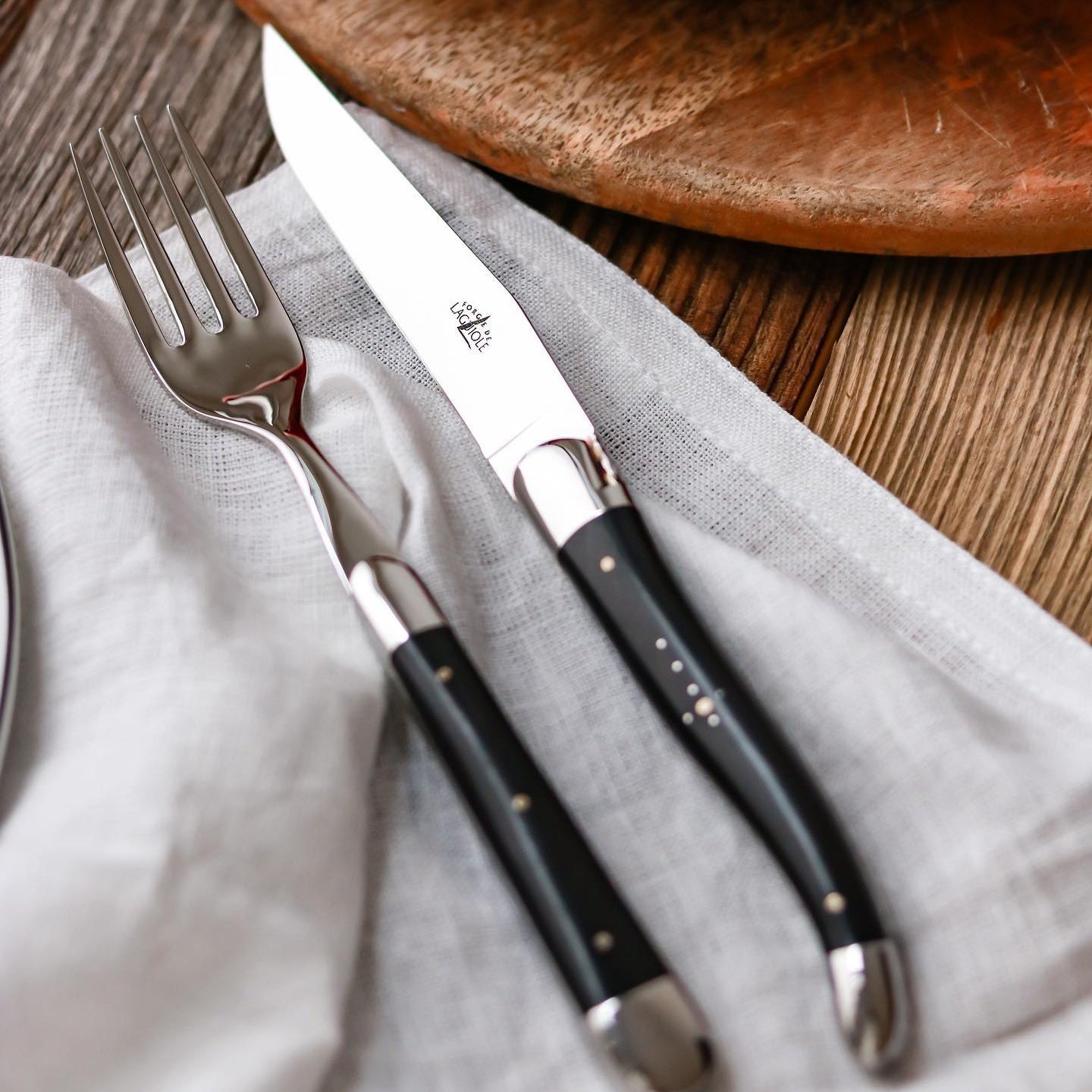 Forge de  Laguiole 6 Piece Steak Knife Set Dark Horn Tip