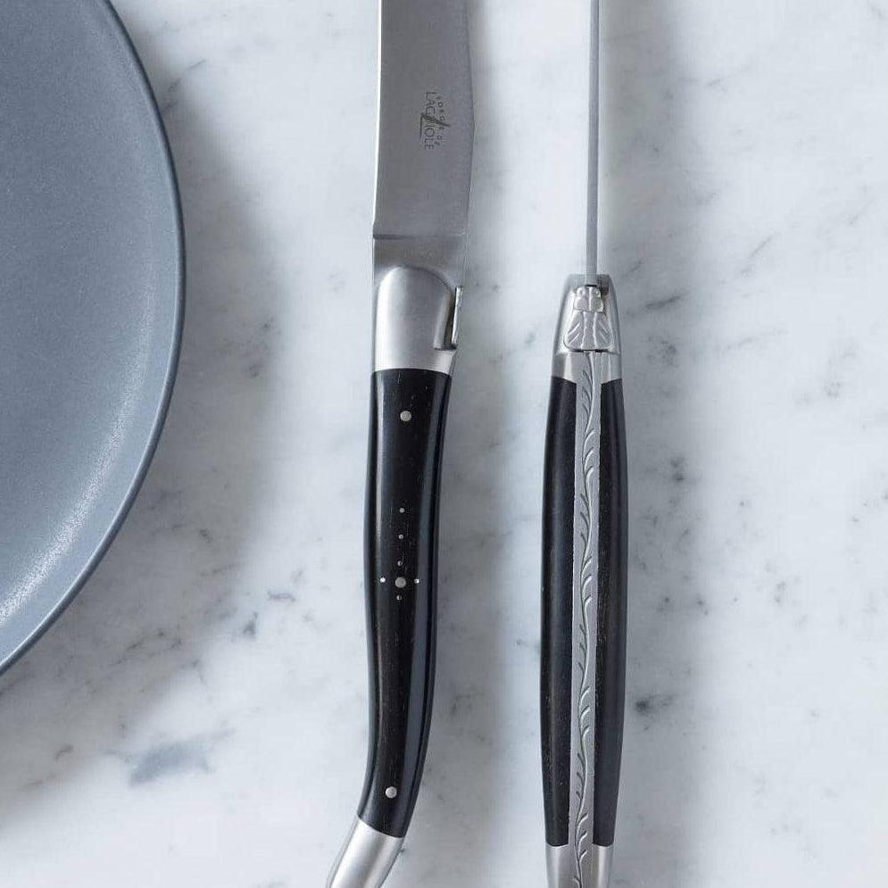 Forge de  Laguiole 6 Piece Steak Knife Set Ebony Wood Satin Finish