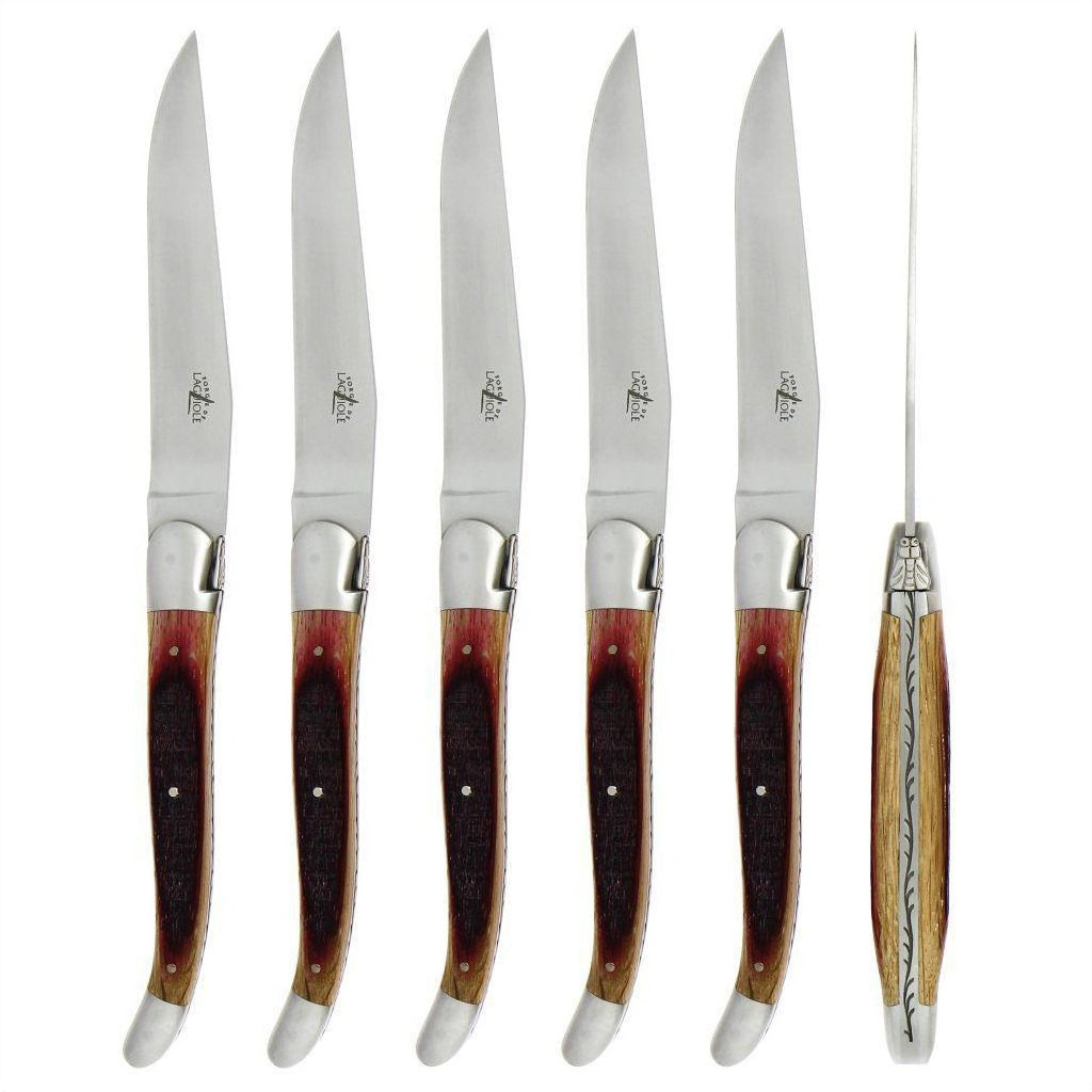 Forge de  Laguiole 6 Piece Steak Knife Set Oak Barrel Handle Satin Finish