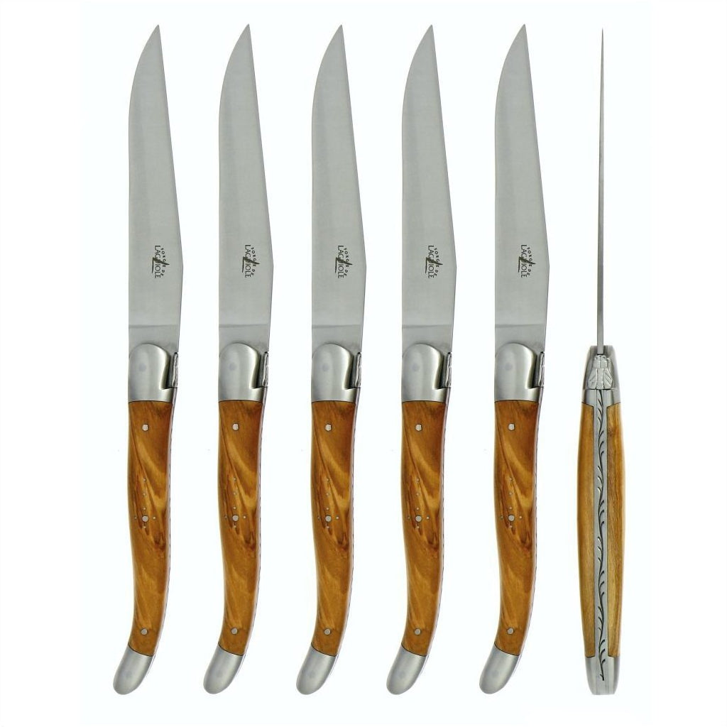 Forge de  Laguiole 6 Piece Steak Knife Set Olive Wood Satin Finish