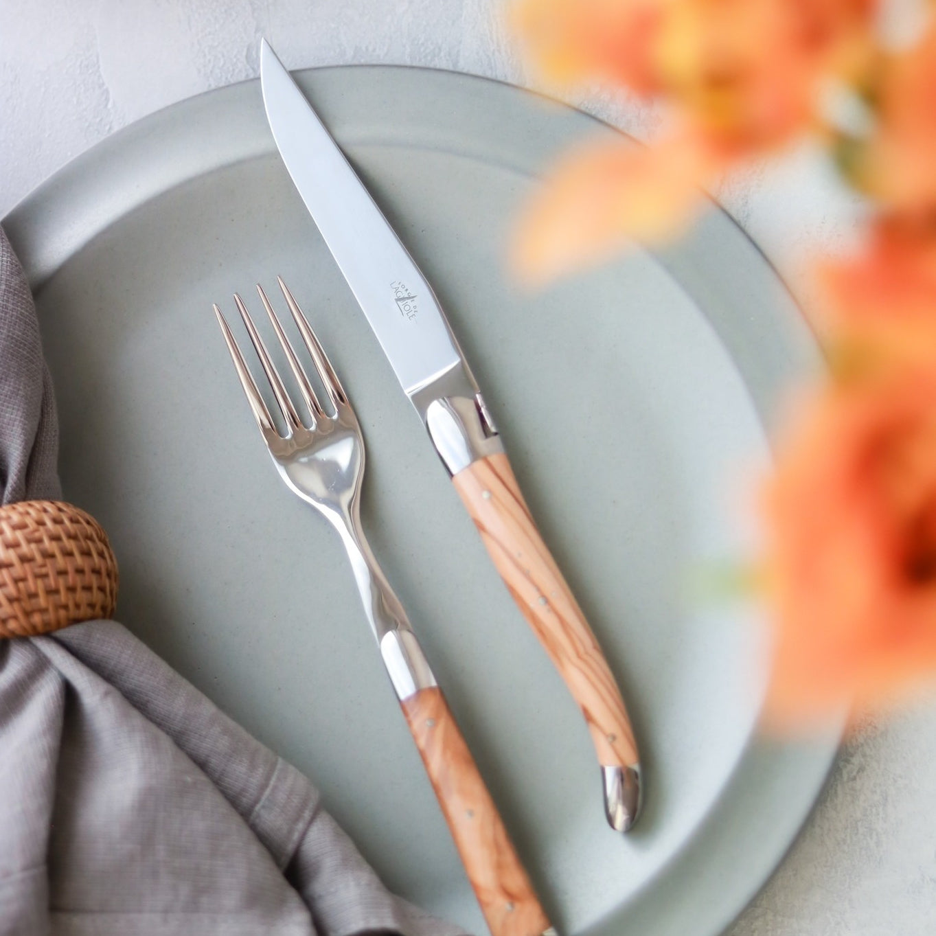 Forge de  Laguiole 6 Piece Steak Knife Set Olive Wood Shiny Finish