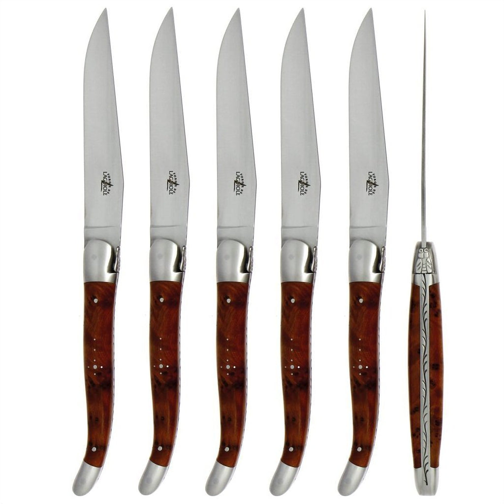 Forge de  Laguiole 6 Piece Steak Knife Set Thuya Burl Satin Finish