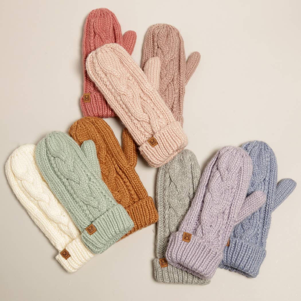 Winter Gloves Cable Knit Mittens with Fleece Lined: One Size / IVORY