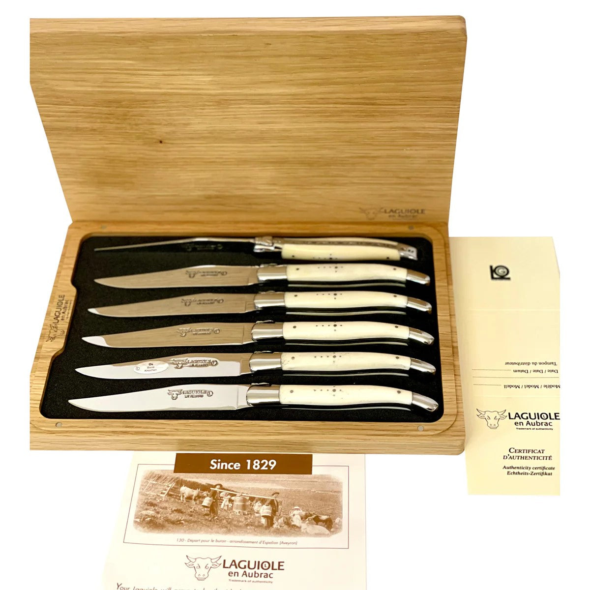 Handcrafted 6-Piece Steak Knife Set, Bone Handle-Laguiole en Aubrac