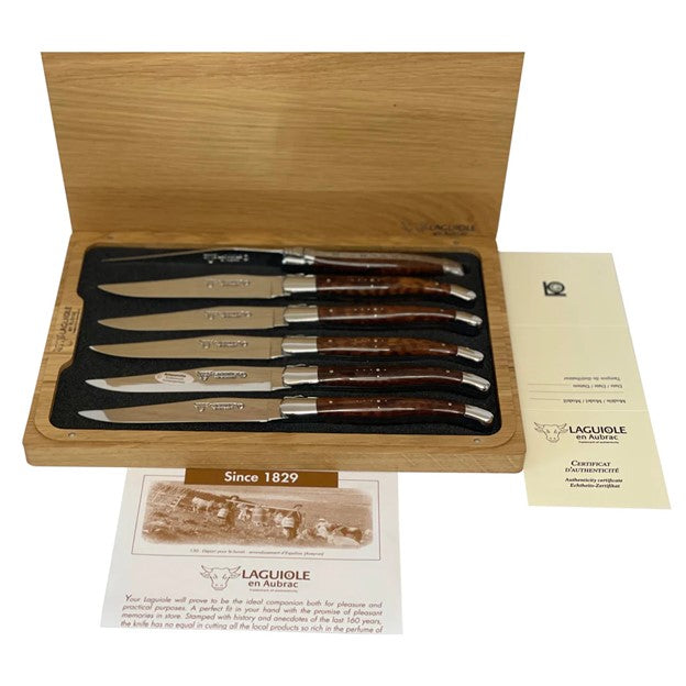 Handcrafted Plated 6-Piece Steak Knife Set, Amourette Snakewood Handles-Laguiole en Aubrac