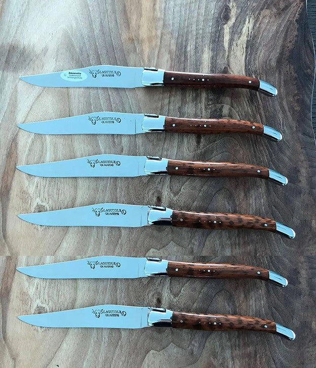 Handcrafted Plated 6-Piece Steak Knife Set, Amourette Snakewood Handles-Laguiole en Aubrac