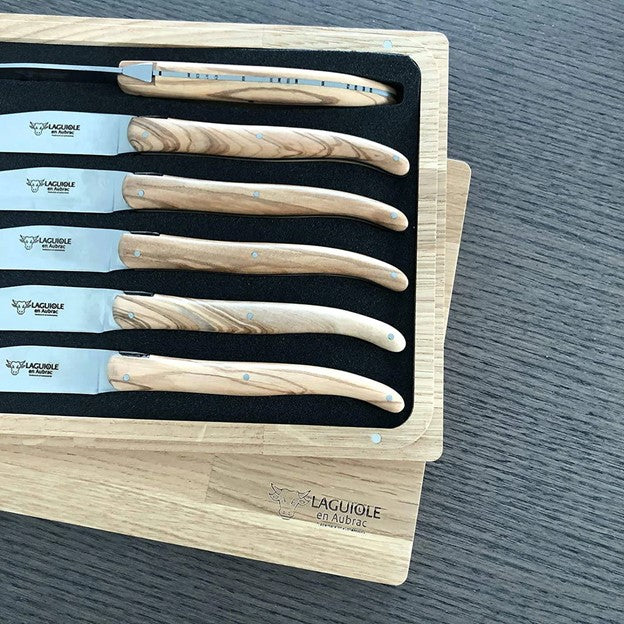 Handcrafted 6-Piece Steak Knife Set, Olivewood Handles-Laguiole en Aubrac