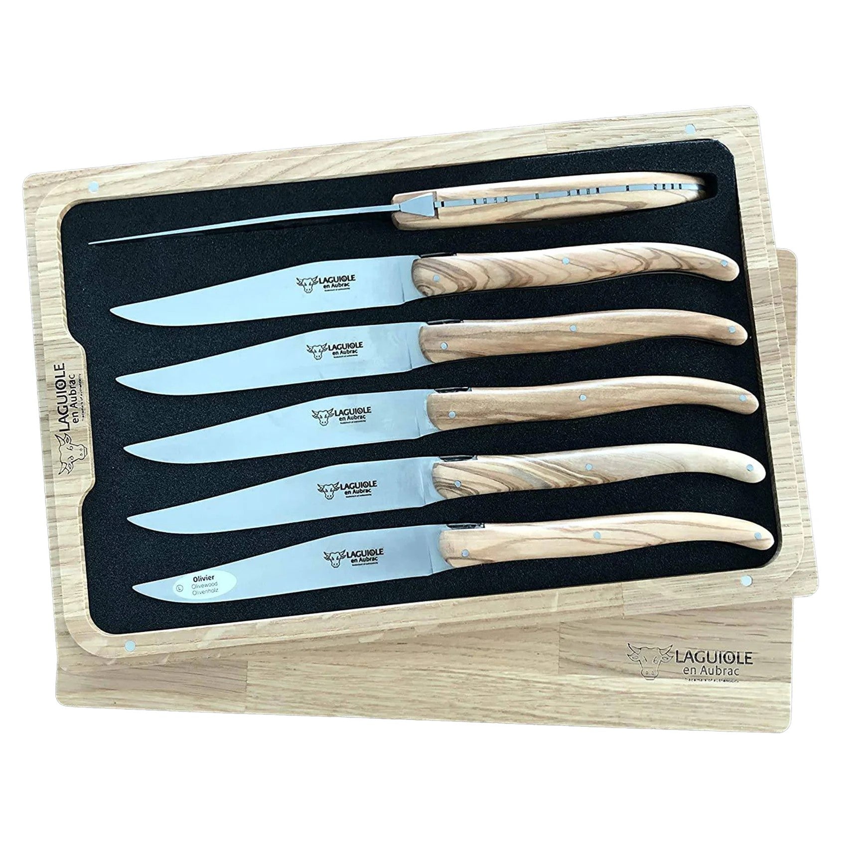 Handcrafted 6-Piece Steak Knife Set, Olivewood Handles-Laguiole en Aubrac