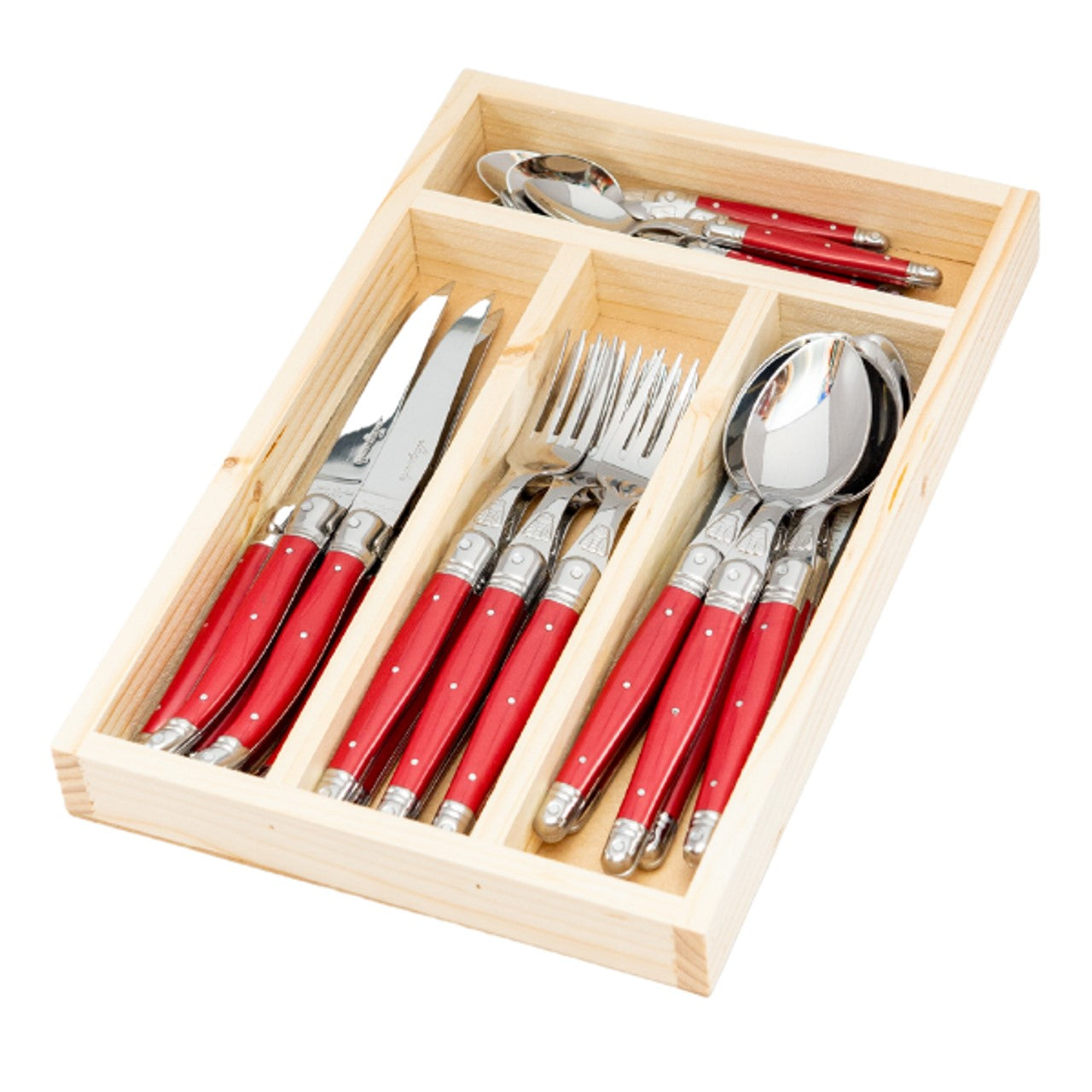 Jean Dubost 24 Pc Everyday Flatware Set with Red Handles in a tray