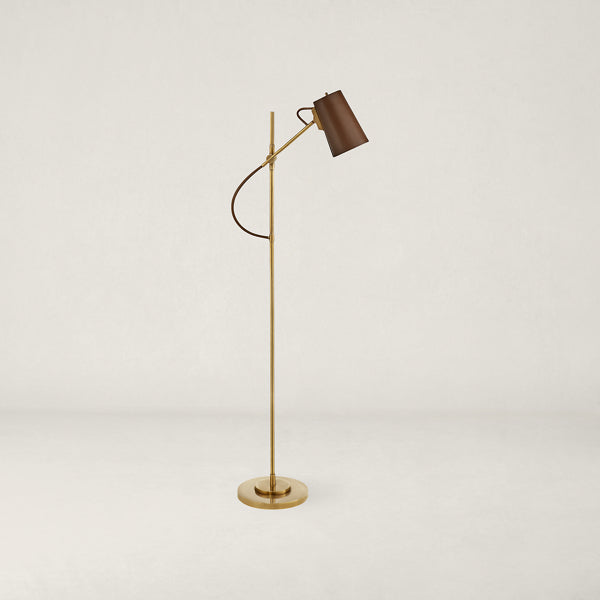 Benton Adjustable Floor Lamp - Natural Brass with Saddle Leather Shade