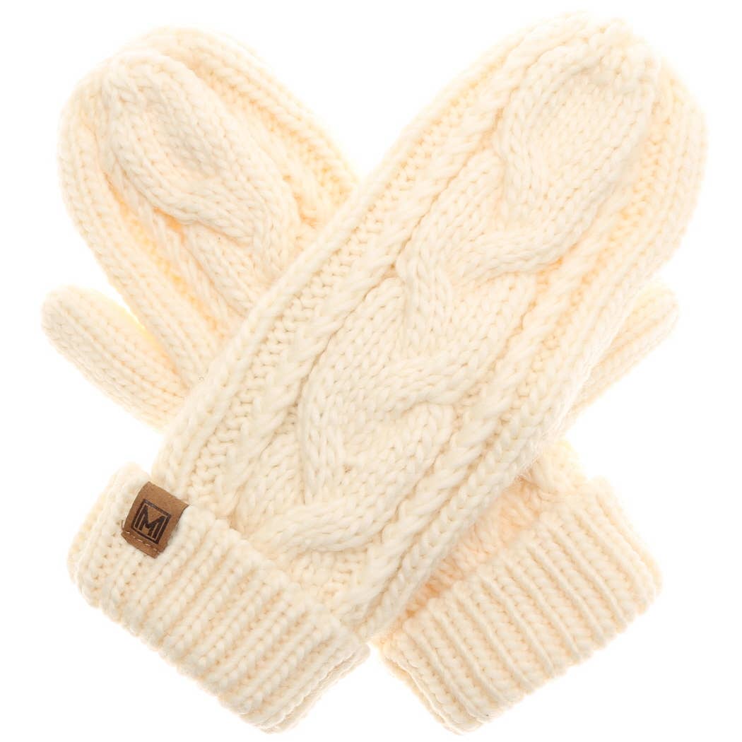 Winter Gloves Cable Knit Mittens with Fleece Lined: One Size / IVORY